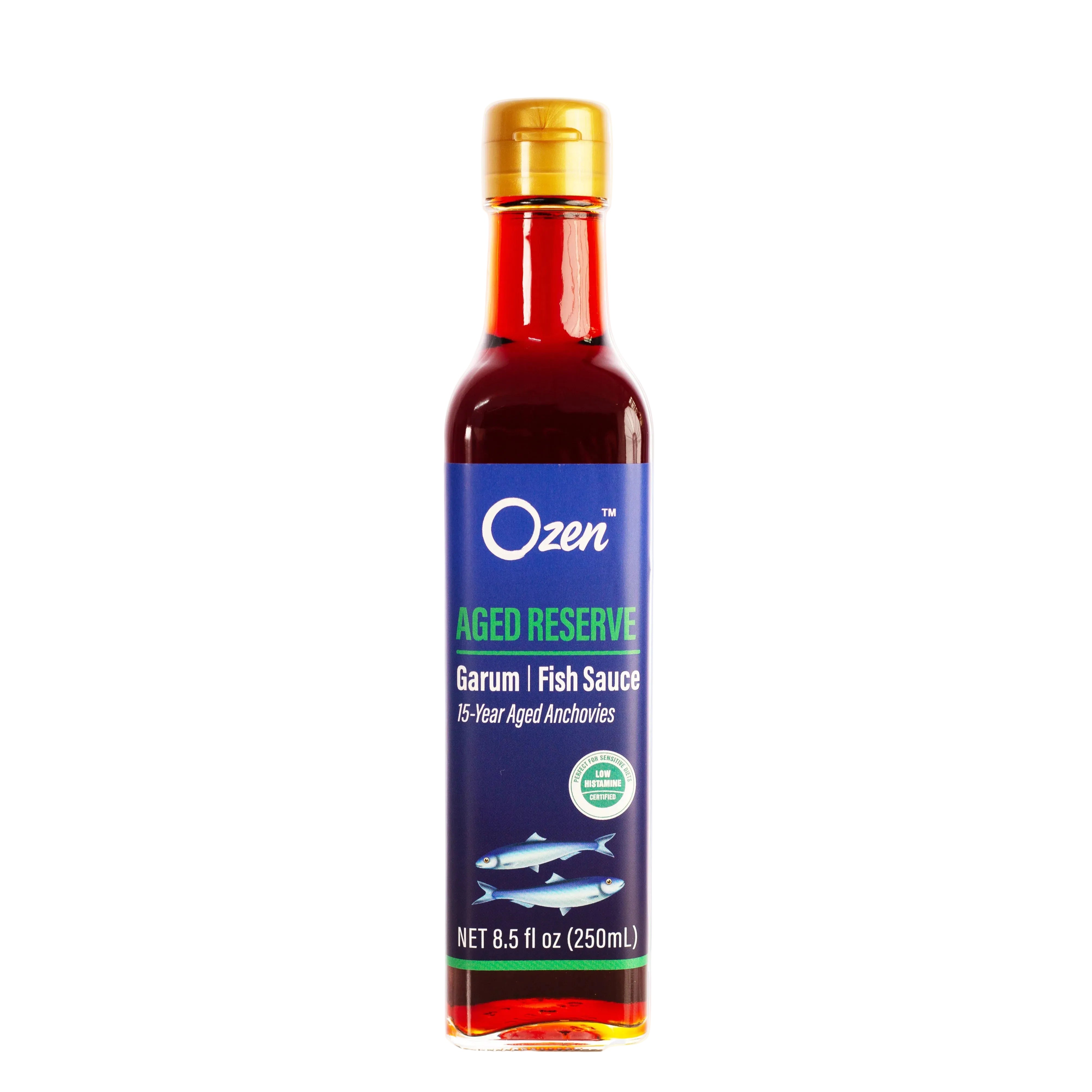 Bottle of Ozen Aged Reserve Garum Fish Sauce on a white background