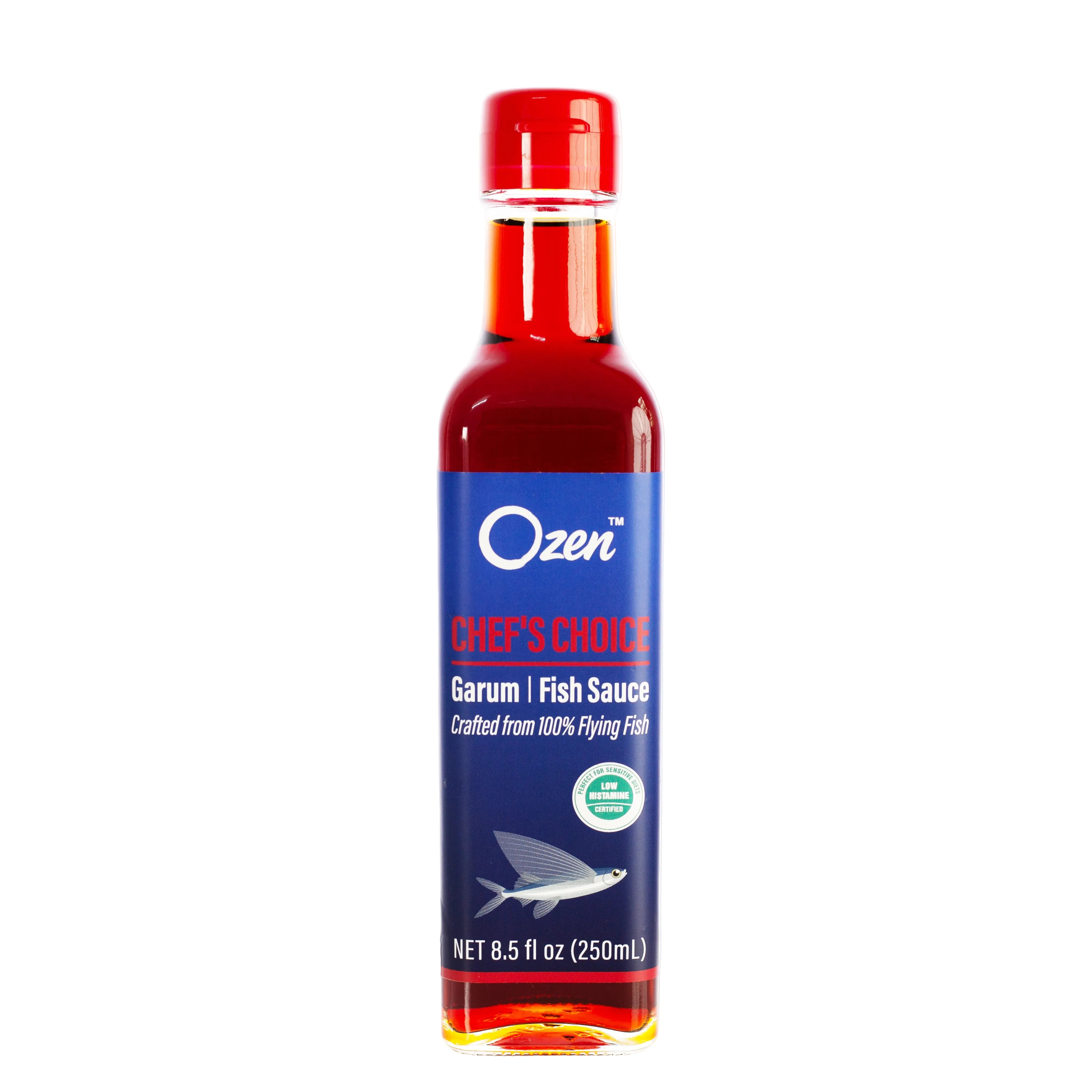 Bottle of Ozen Chef's Choice Garum Fish Sauce on a white background