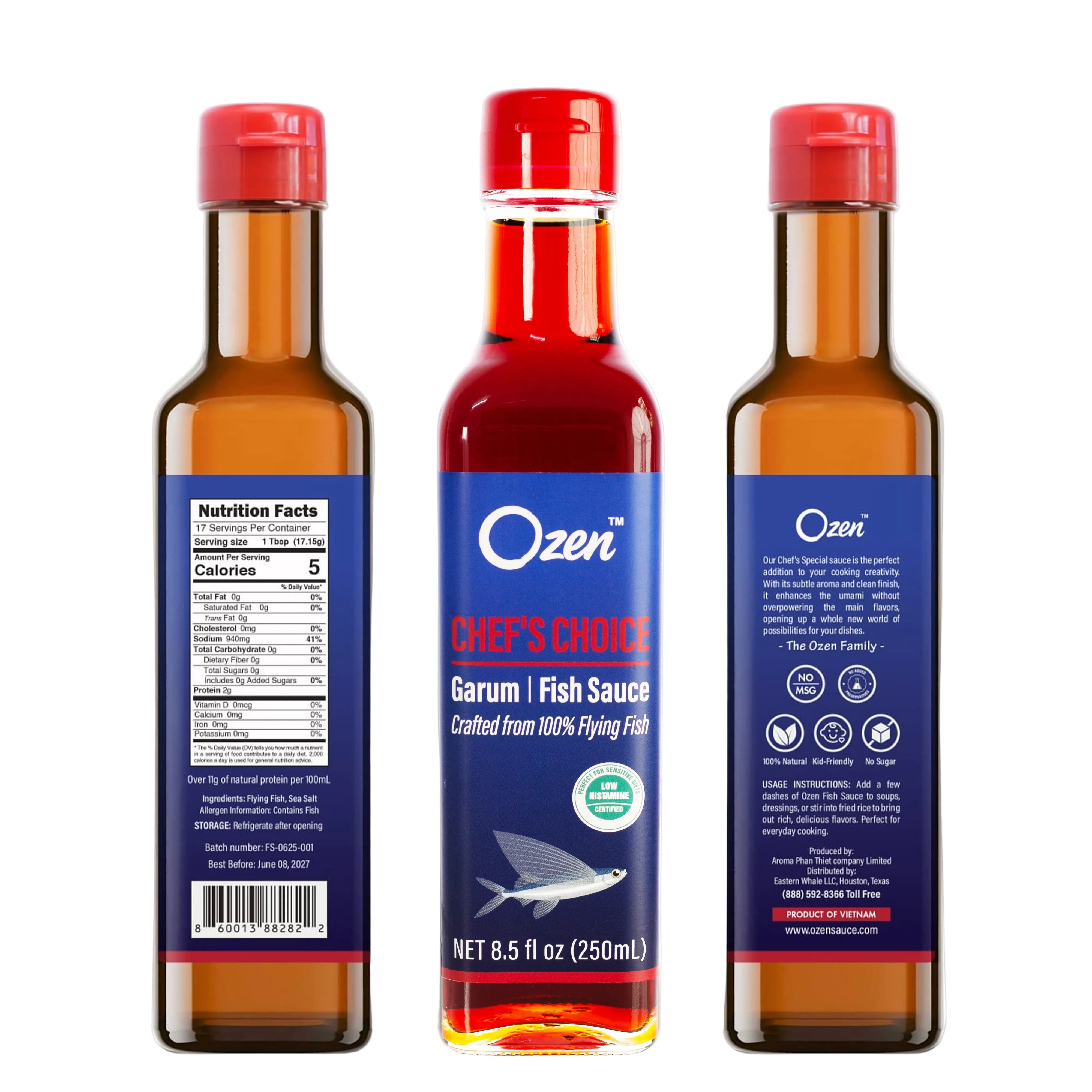 The bottle of Ozen Chef's Choice Garum Fish Sauce with side labels and white background