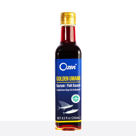 Bottle of Ozen Golden Umami Garum Fish Sauce on a white background