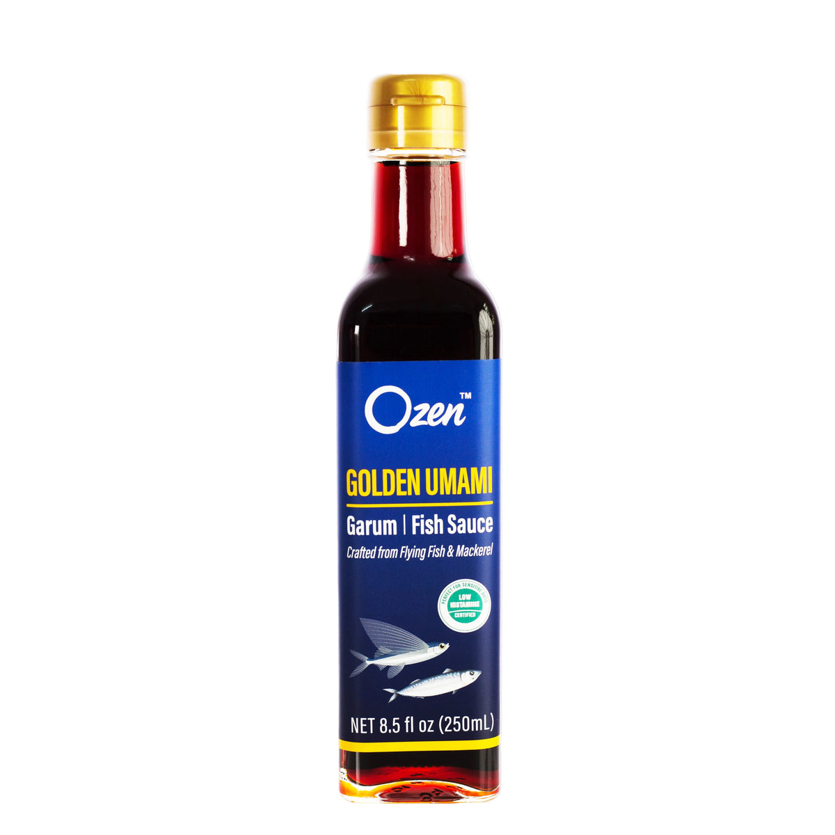 Bottle of Ozen Golden Umami Garum Fish Sauce on a white background