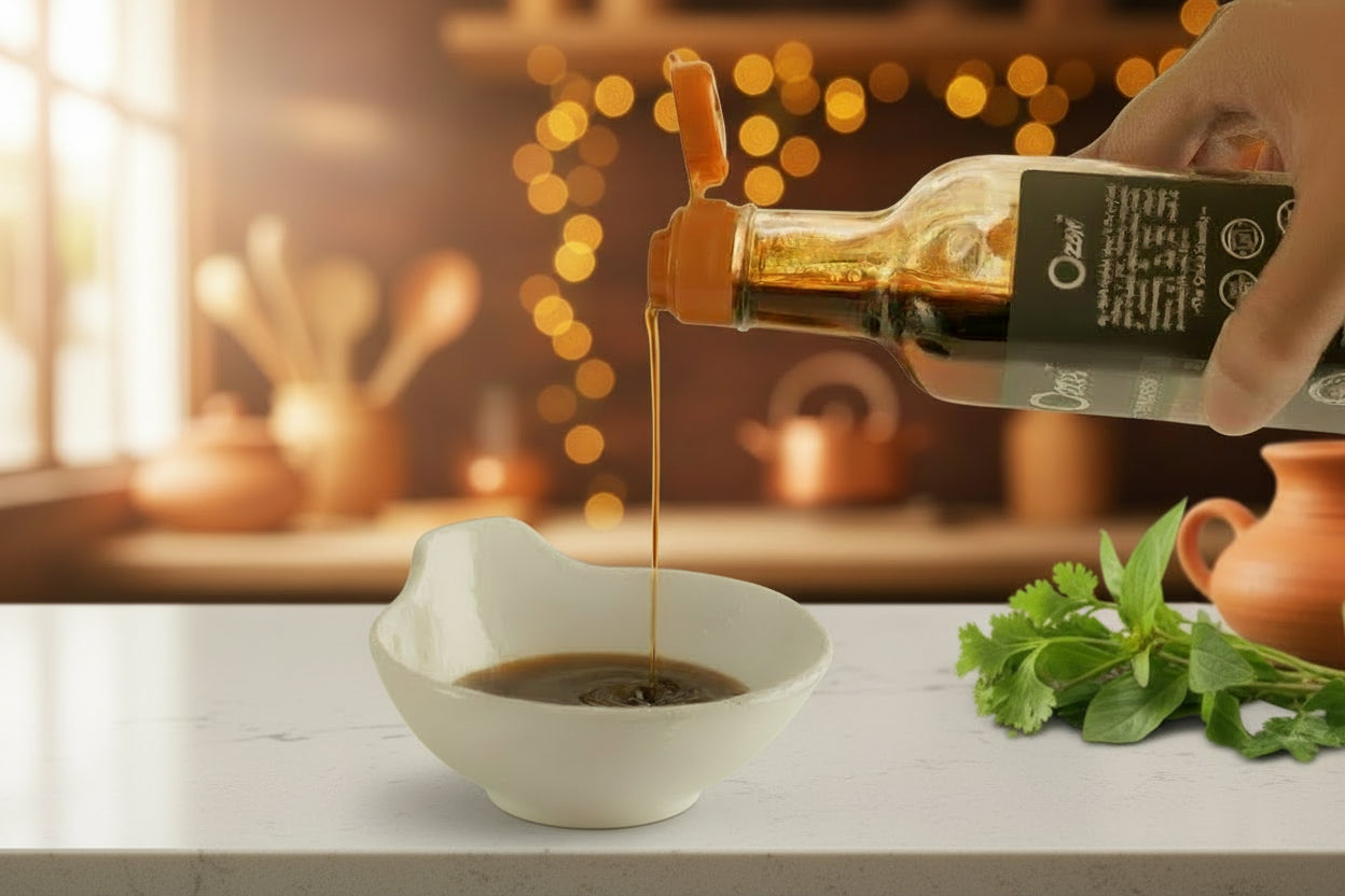 Person pouring a dark liquid from a bottle into a bowl with 'Ozen' branding in the background.